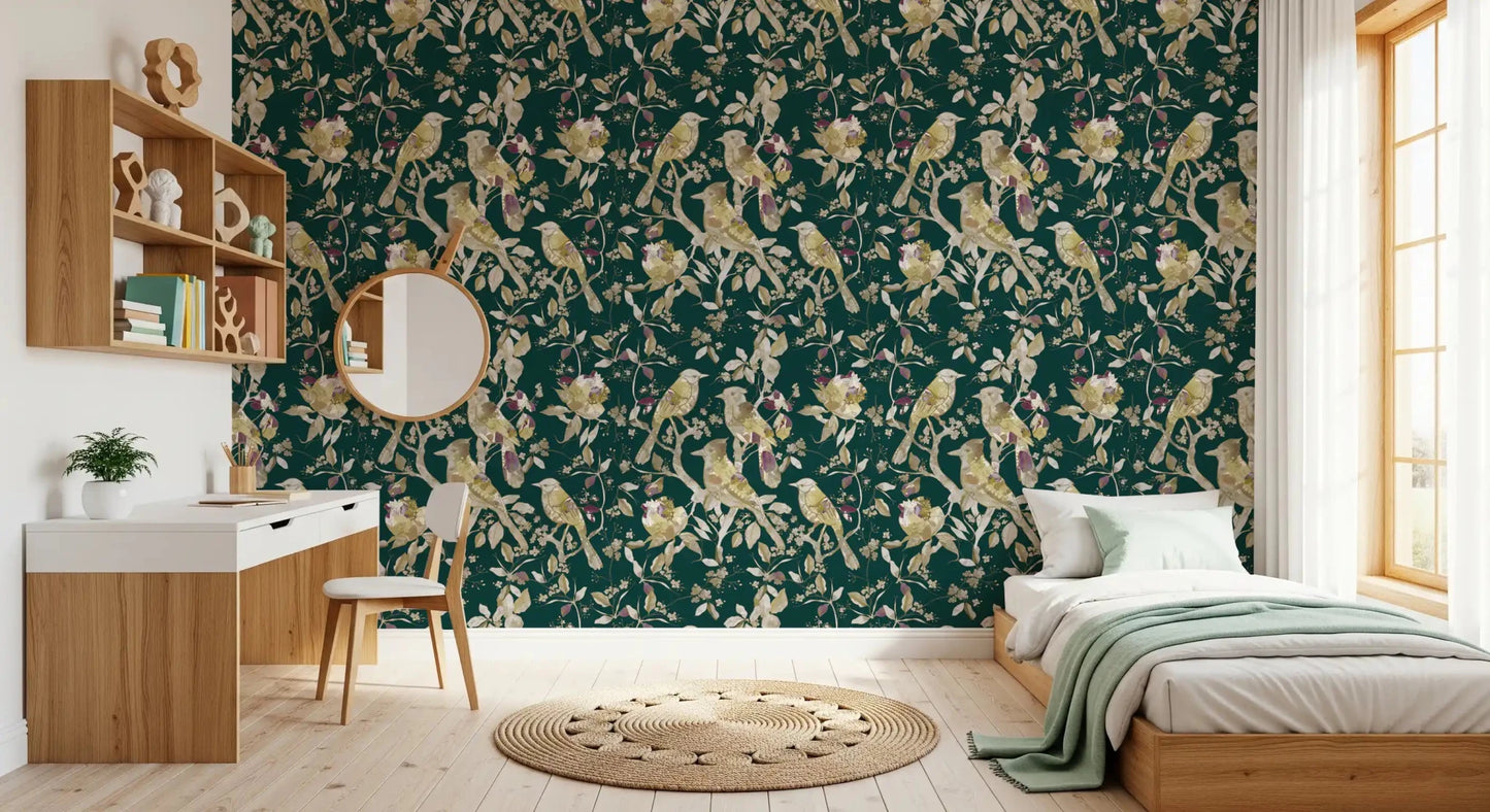 Study room featuring Emerald Garden Birds wallpaper and botanical bird design