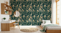 Study room featuring Emerald Garden Birds wallpaper and botanical bird design