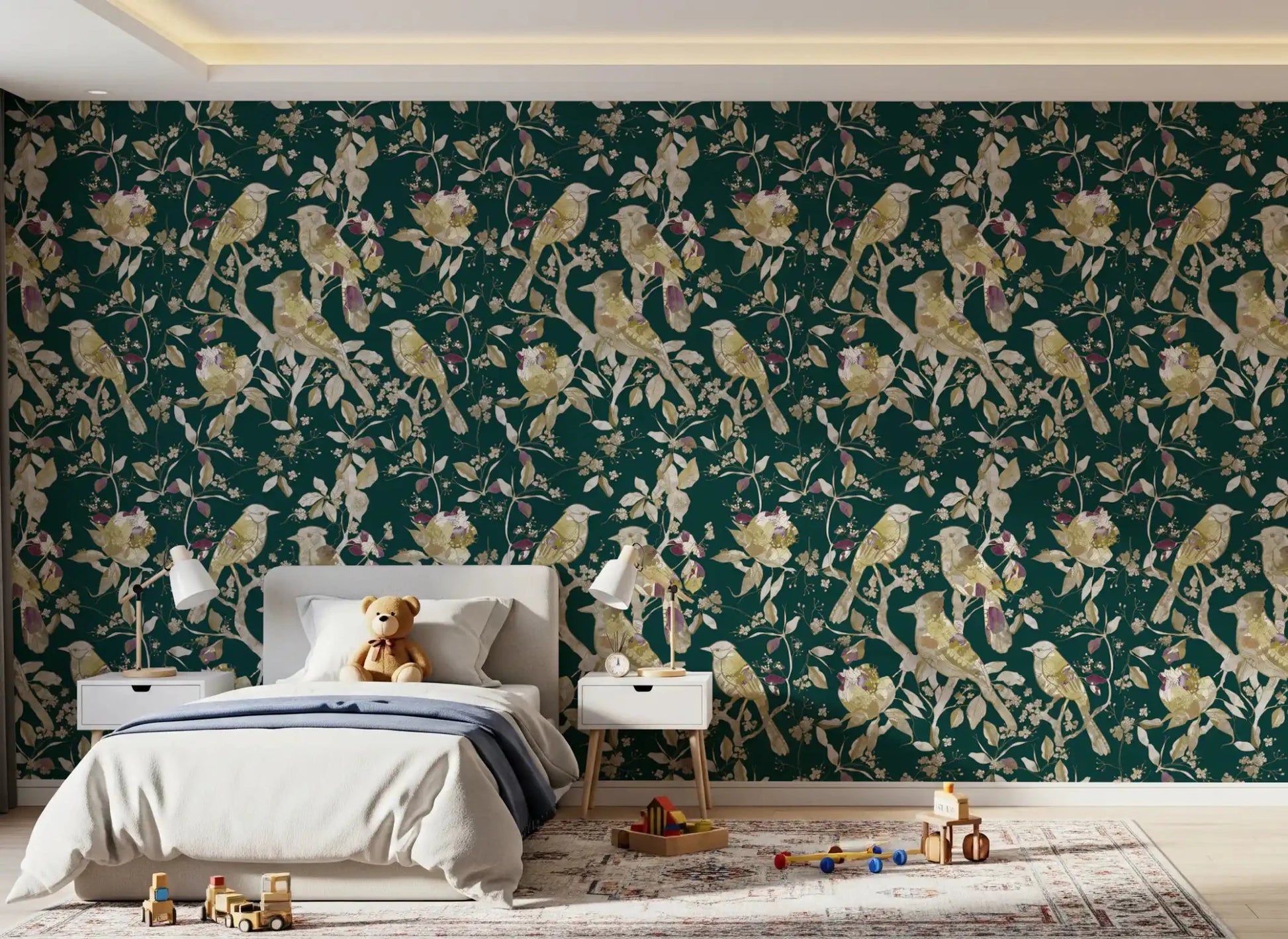 Classic Emerald Garden Birds wallpaper with delicate flowers and perched birds