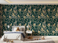 Classic Emerald Garden Birds wallpaper with delicate flowers and perched birds