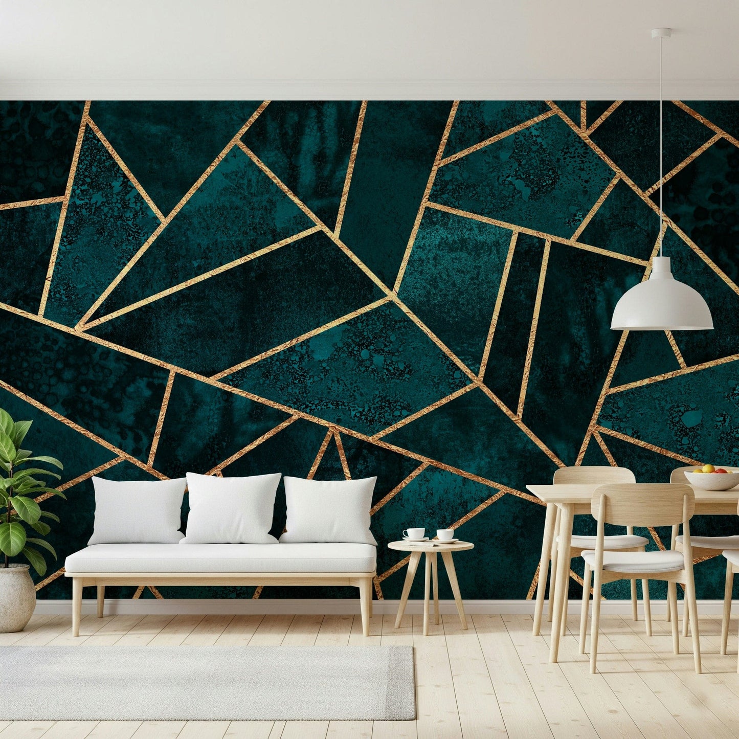 A beautiful emerald and gold geometric wallpaper mural for a modern home., GD5501