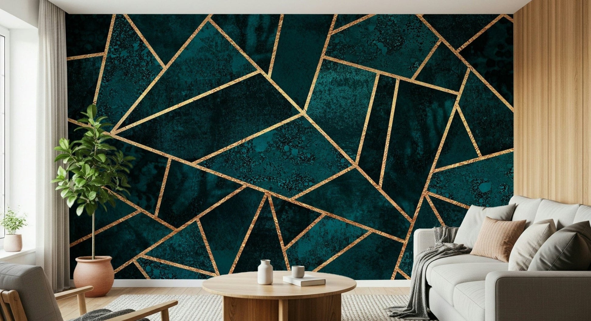 A peaceful geometric design mural on decorative wallpaper., GD5501