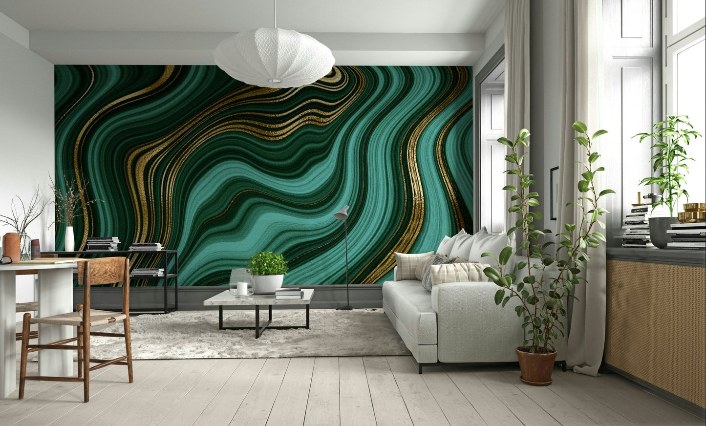 Emerald Gold Swirls Wall Mural
