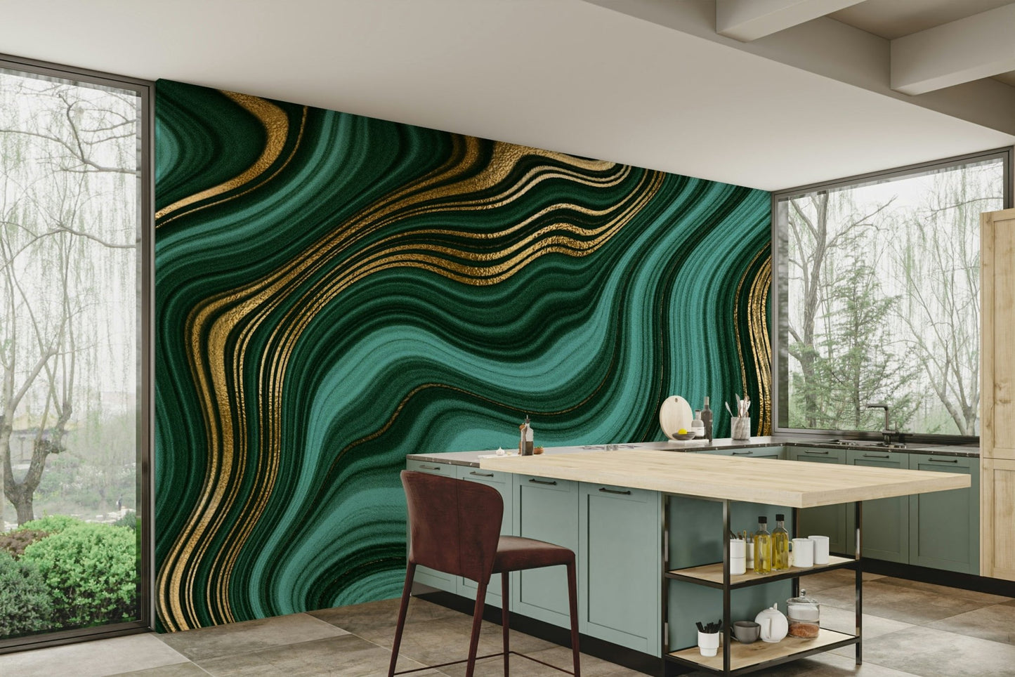 Emerald Gold Swirls Wall Mural