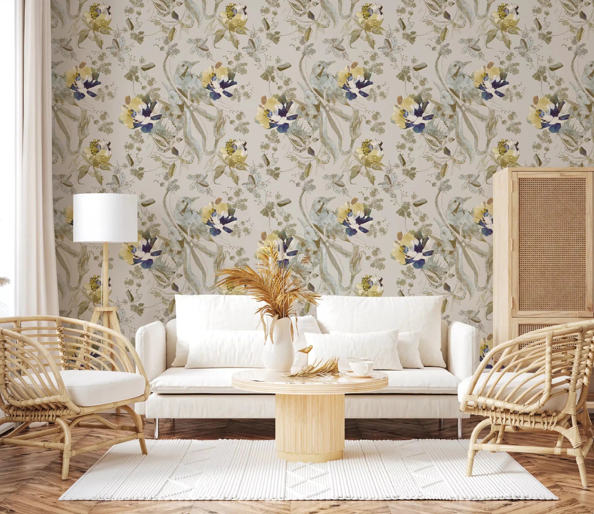 Muted floral accents balance Emerald Green Bird & Floral Wallpaper well