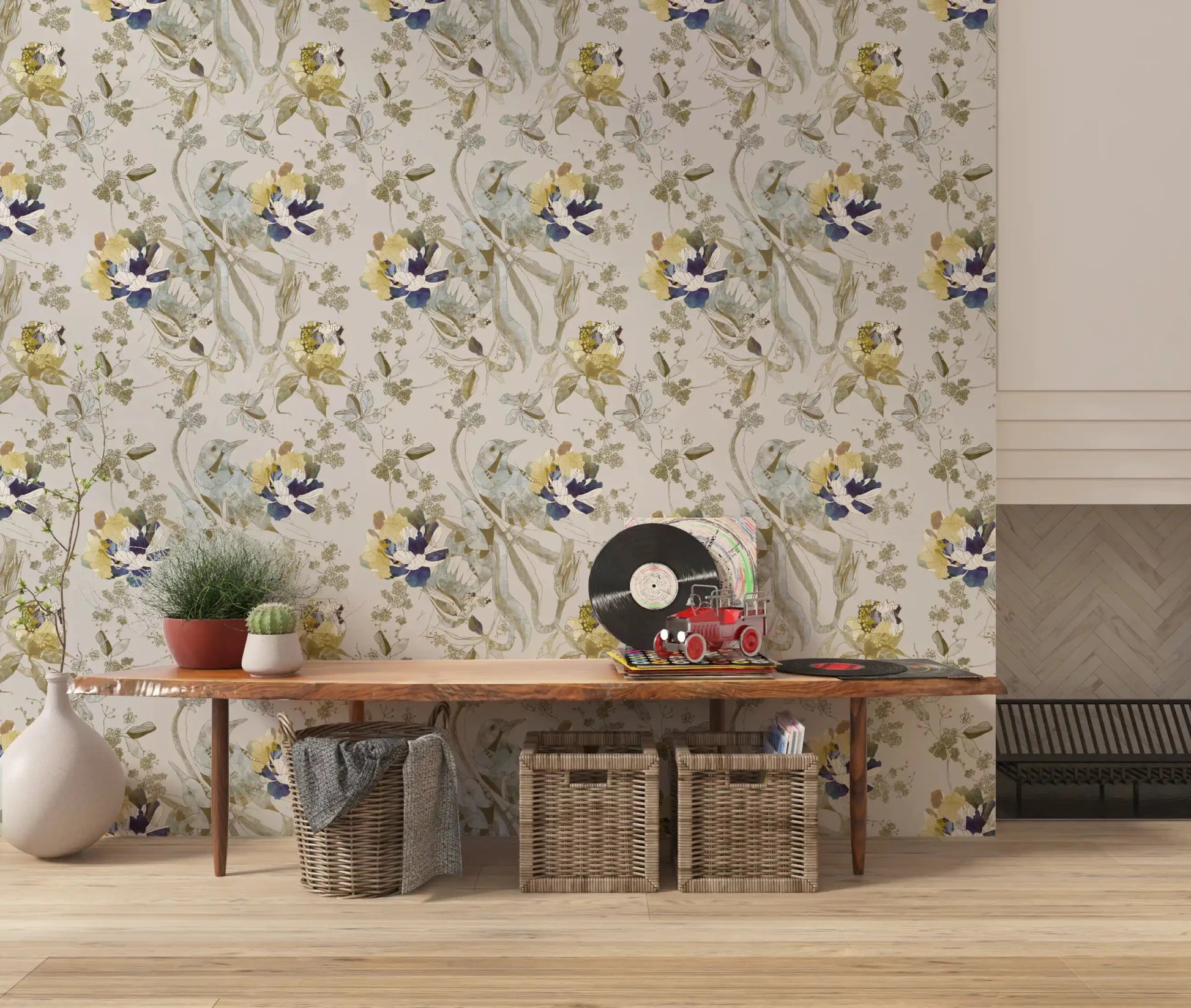 Flowing leaf detail shapes Emerald Green Bird & Floral Wallpaper softly