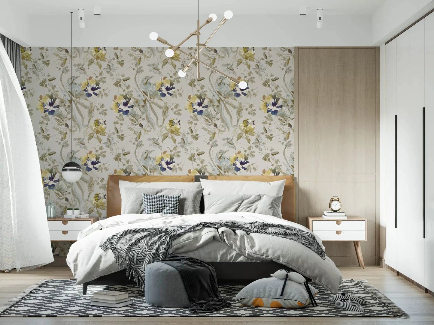 Soft bedroom styled in Emerald Green Bird & Floral Wallpaper with birds