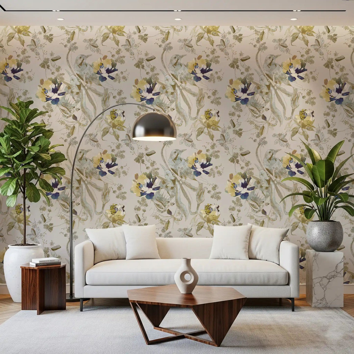 Bright hallway featuring Emerald Green Bird & Floral Wallpaper and leaves
