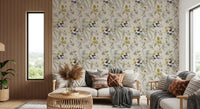 Graceful living room with Emerald Green Bird & Floral Wallpaper and blooms