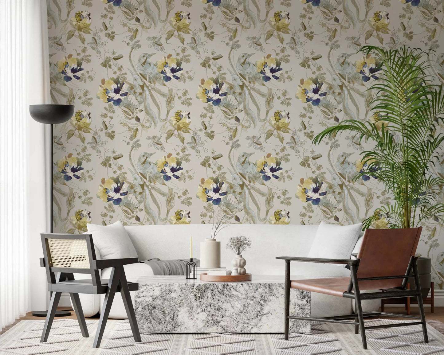 Refined office wall with Emerald Green Bird & Floral Wallpaper on light base