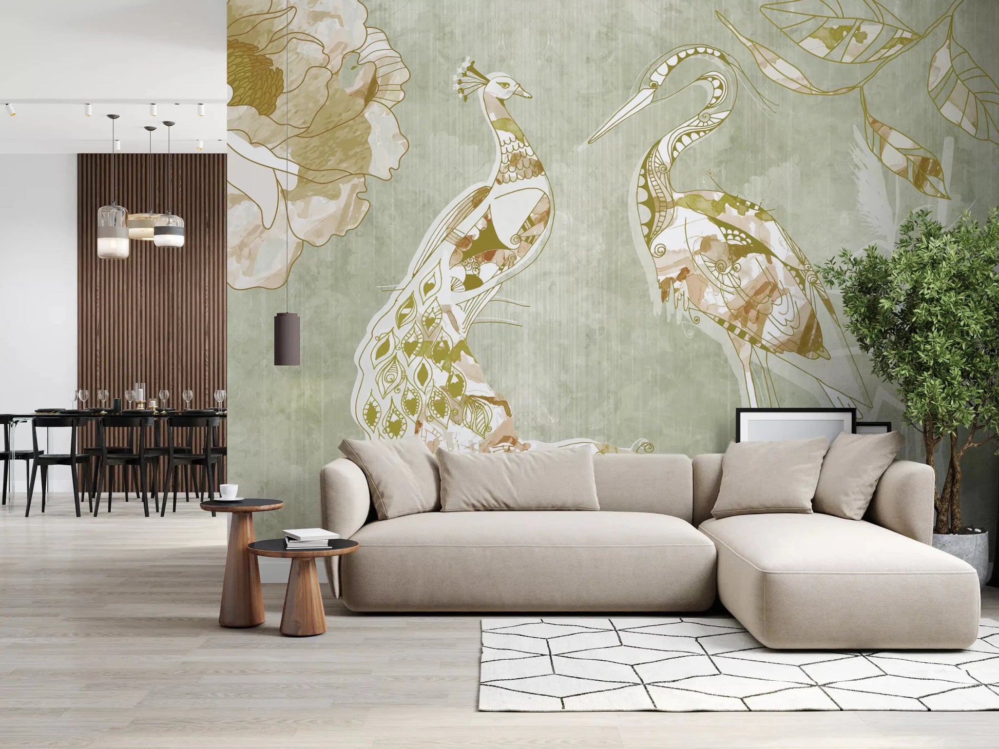 Hallway featuring Emerald Green Peacock wall mural and botanical accents