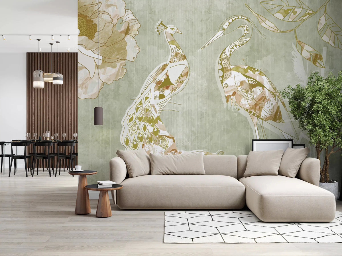 Hallway featuring Emerald Green Peacock wall mural and botanical accents, GD9279