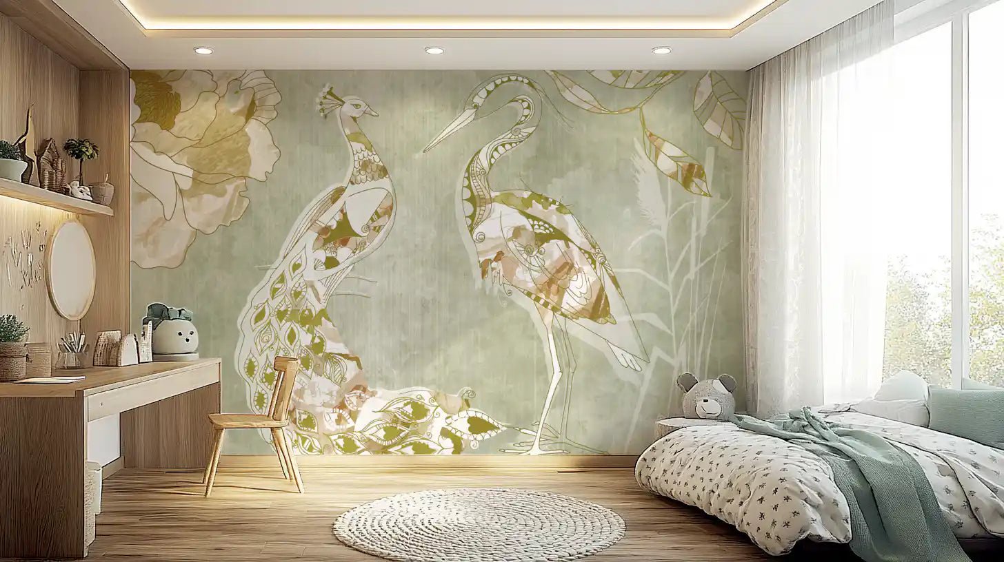 Emerald Green Peacock wall mural with graceful peacock motifs and calm tones