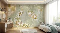 Emerald Green Peacock wall mural with graceful peacock motifs and calm tones