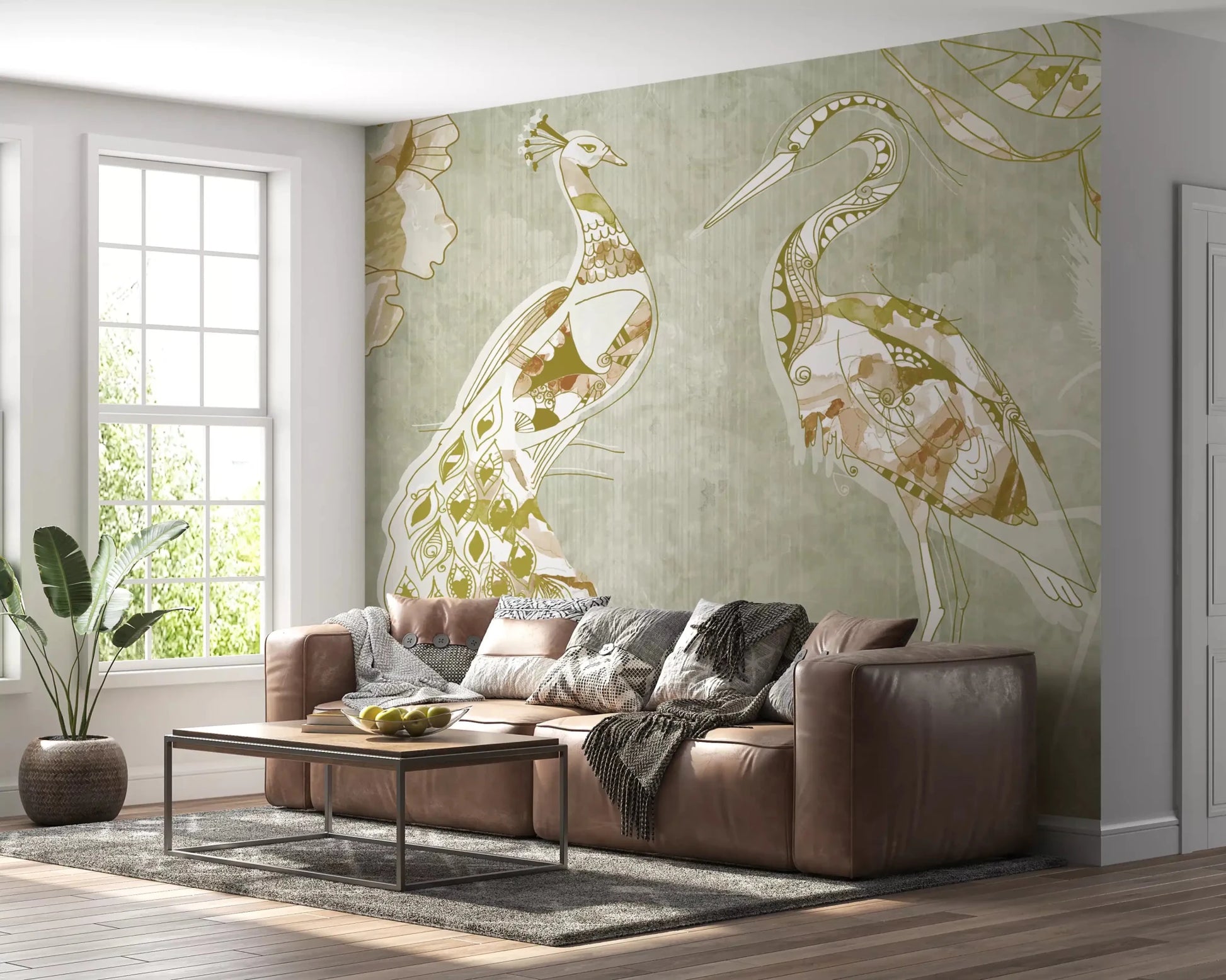 Living room with Emerald Green Peacock wall mural and elegant bird detail