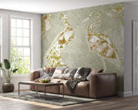 Living room with Emerald Green Peacock wall mural and elegant bird detail