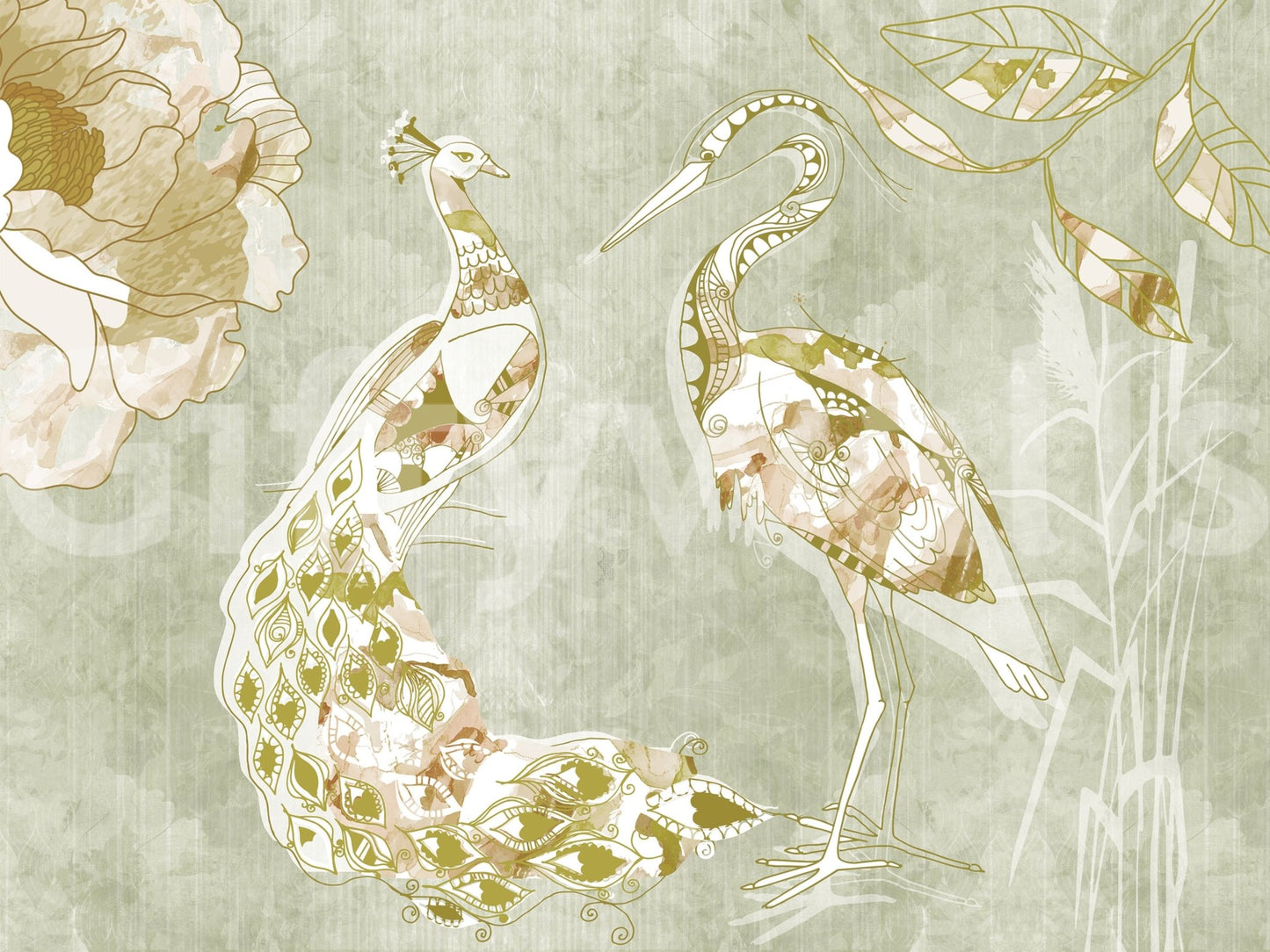 Soft botanical styling shapes Emerald Green Peacock wall mural design