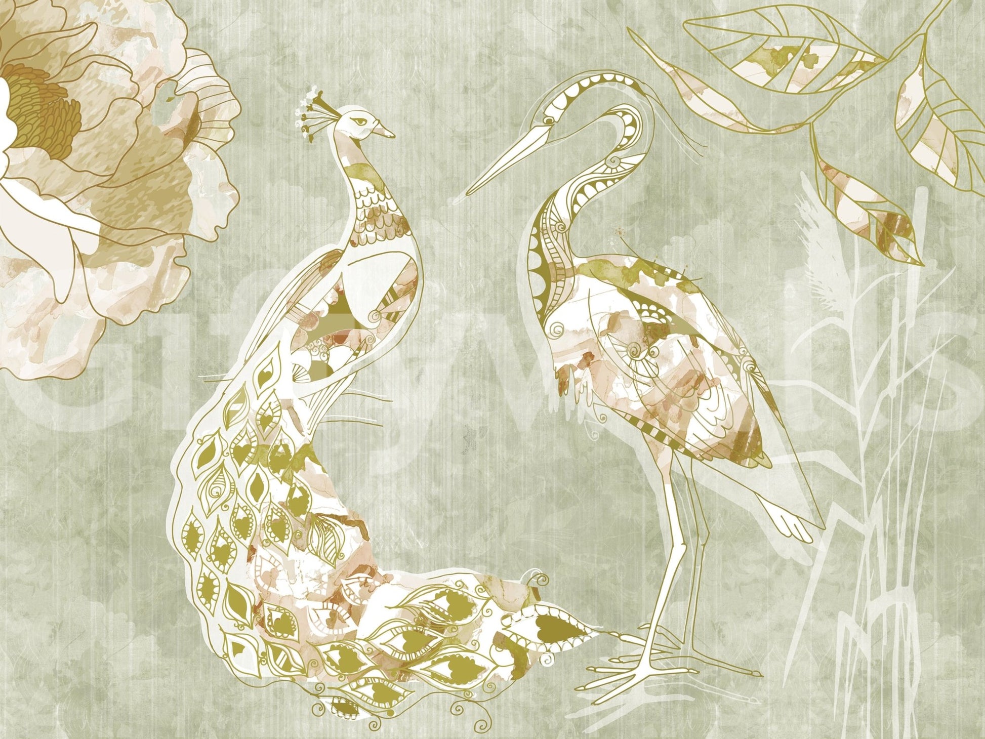 Soft botanical styling shapes Emerald Green Peacock wall mural design