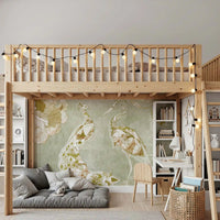 Bedroom wall with Emerald Green Peacock wall mural on a pale scenic base