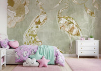 Pale vintage surface showing Emerald Green Peacock wall mural artwork