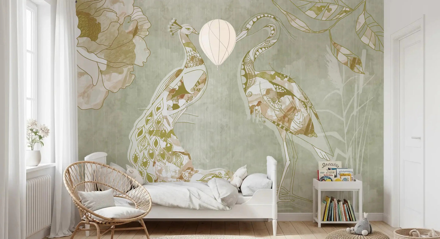 Decorative bird scene in Emerald Green Peacock wall mural with soft foliage