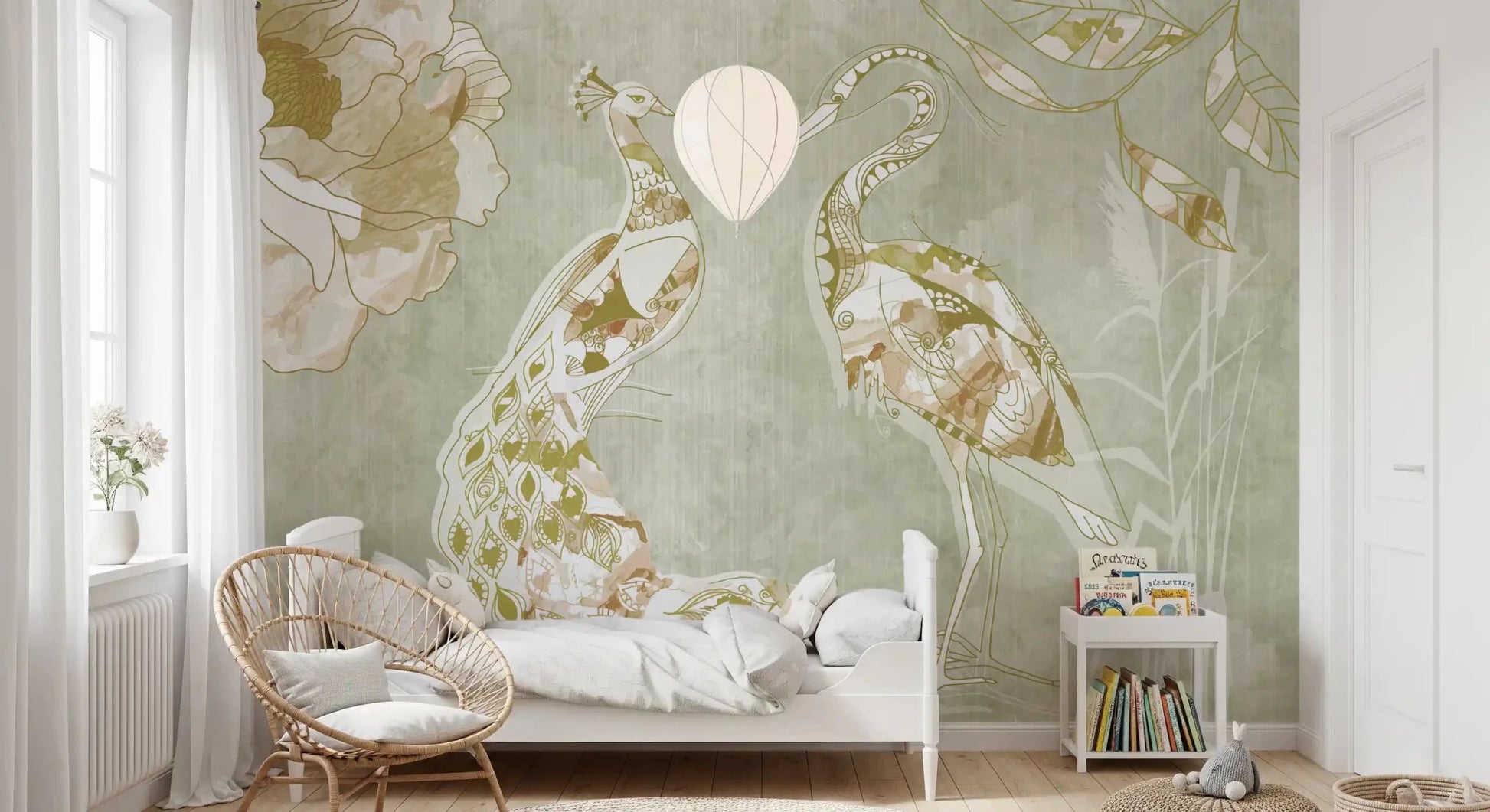 Decorative bird scene in Emerald Green Peacock wall mural with soft foliage