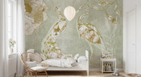 Decorative bird scene in Emerald Green Peacock wall mural with soft foliage