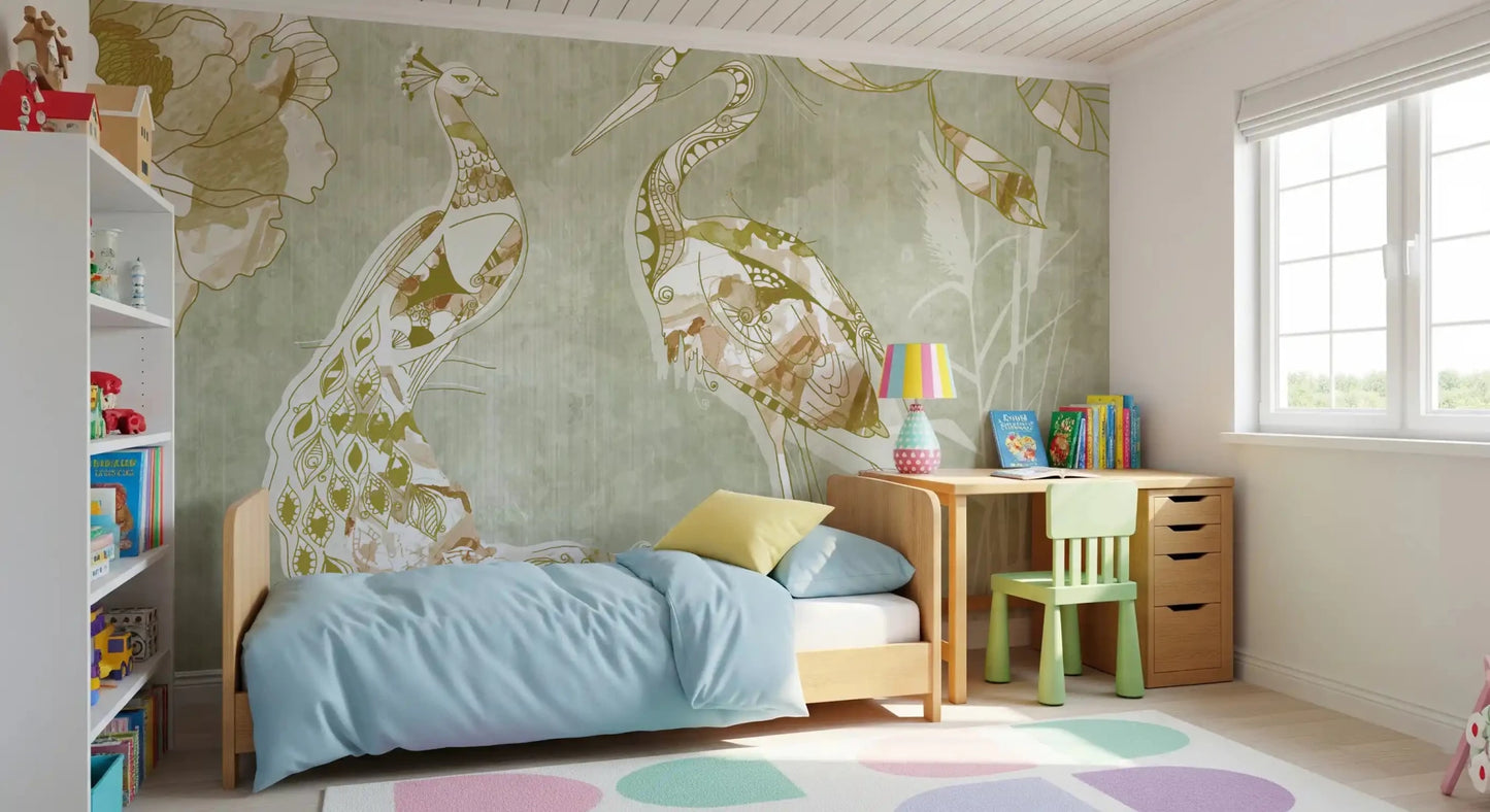 Neutral wall mural featuring Emerald Green Peacock and classic feather detail