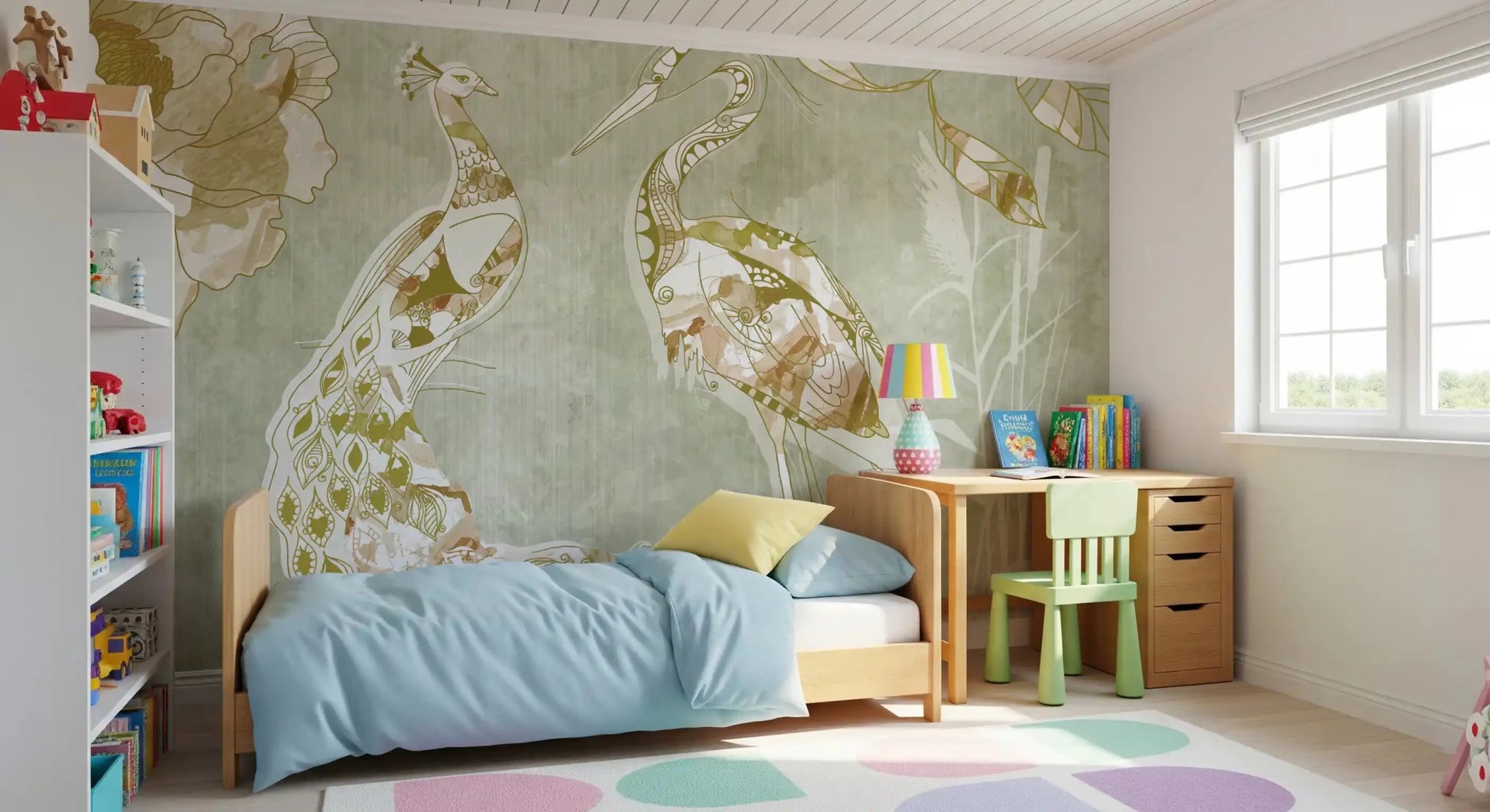 Neutral wall mural featuring Emerald Green Peacock and classic feather detail