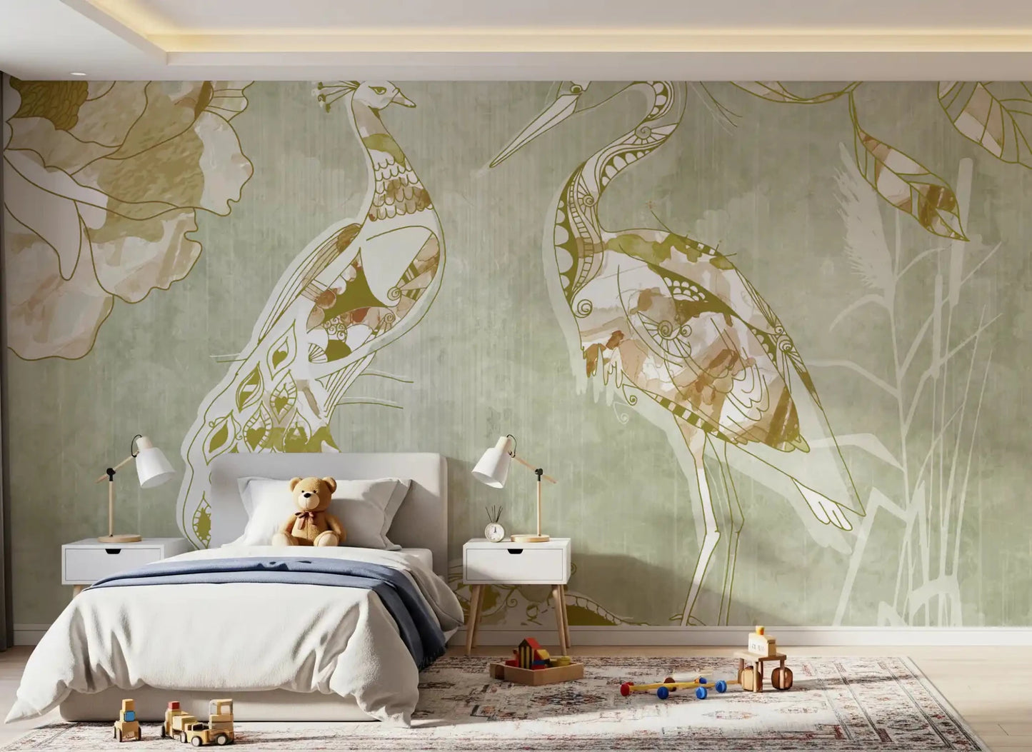 Bedroom styled in Emerald Green Peacock wall mural with soft vintage tones