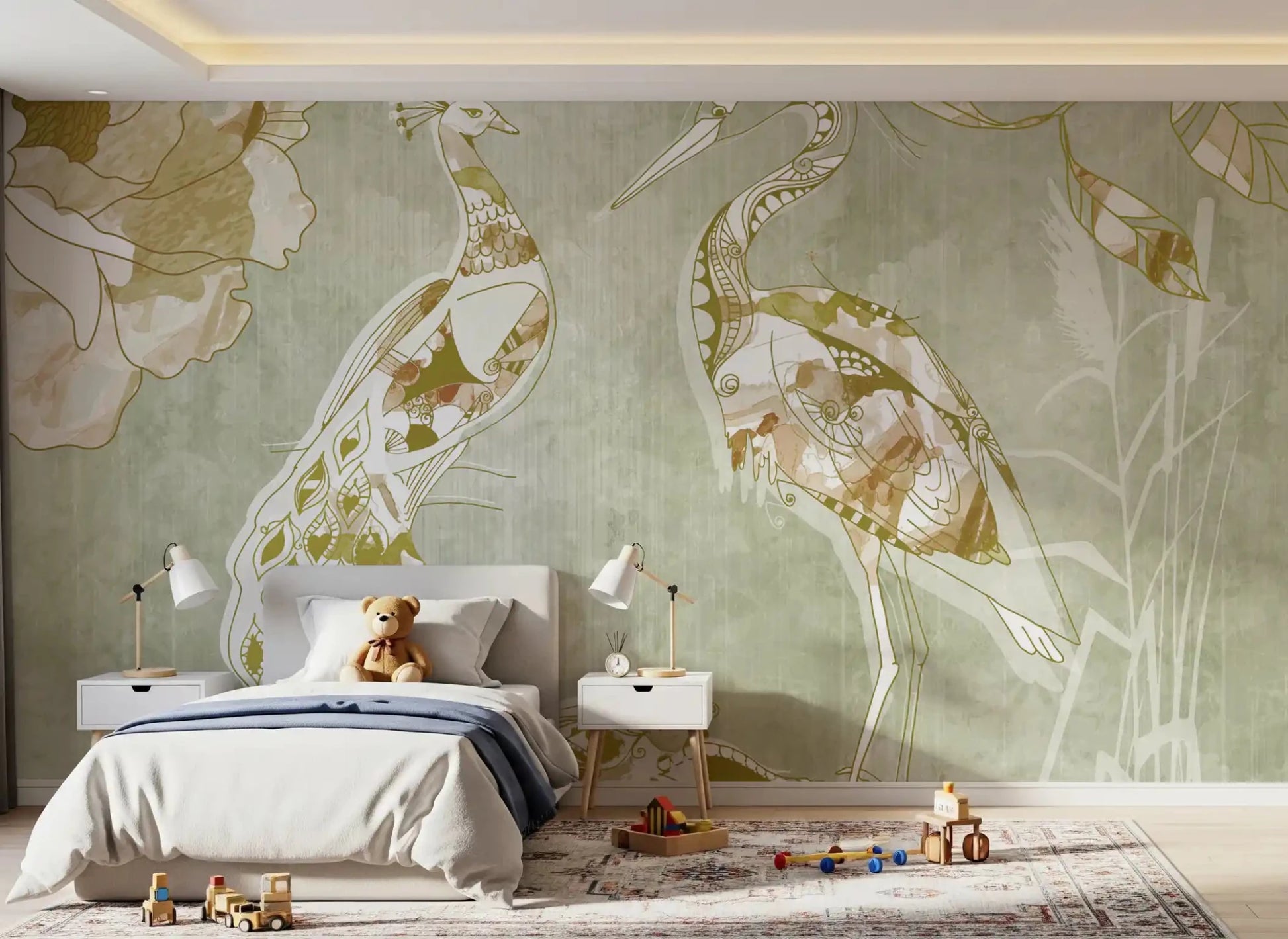 Bedroom styled in Emerald Green Peacock wall mural with soft vintage tones
