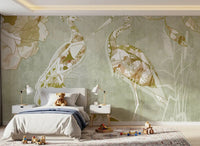 Bedroom styled in Emerald Green Peacock wall mural with soft vintage tones