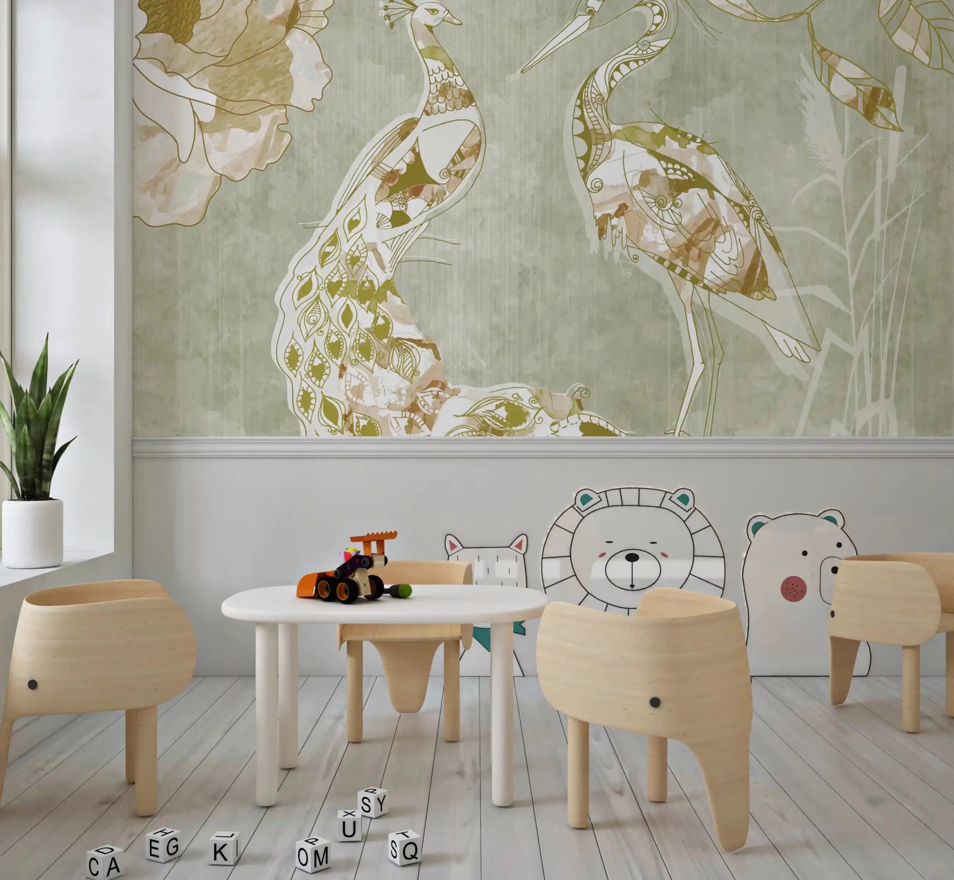 Emerald Green Peacock wall mural with ornate feathers and floral detail
