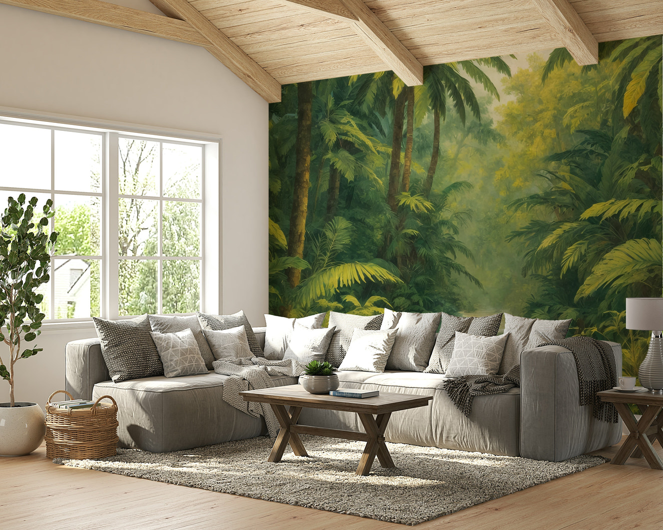 A wall mural of a peaceful jungle stream.

