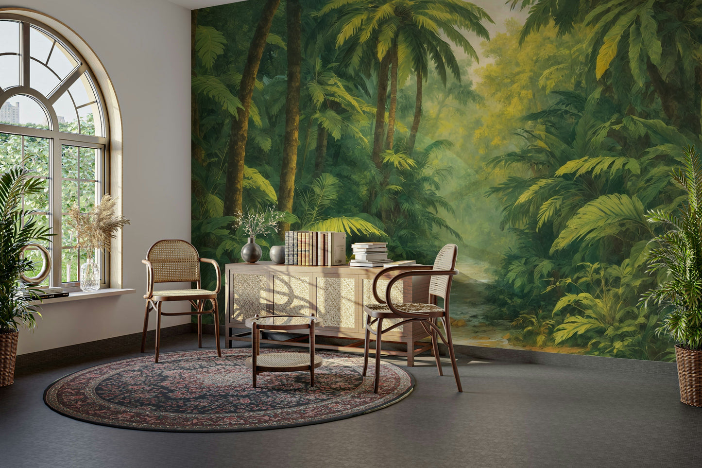 The image shows an artistic impression of a serene stream and jungle scene.

