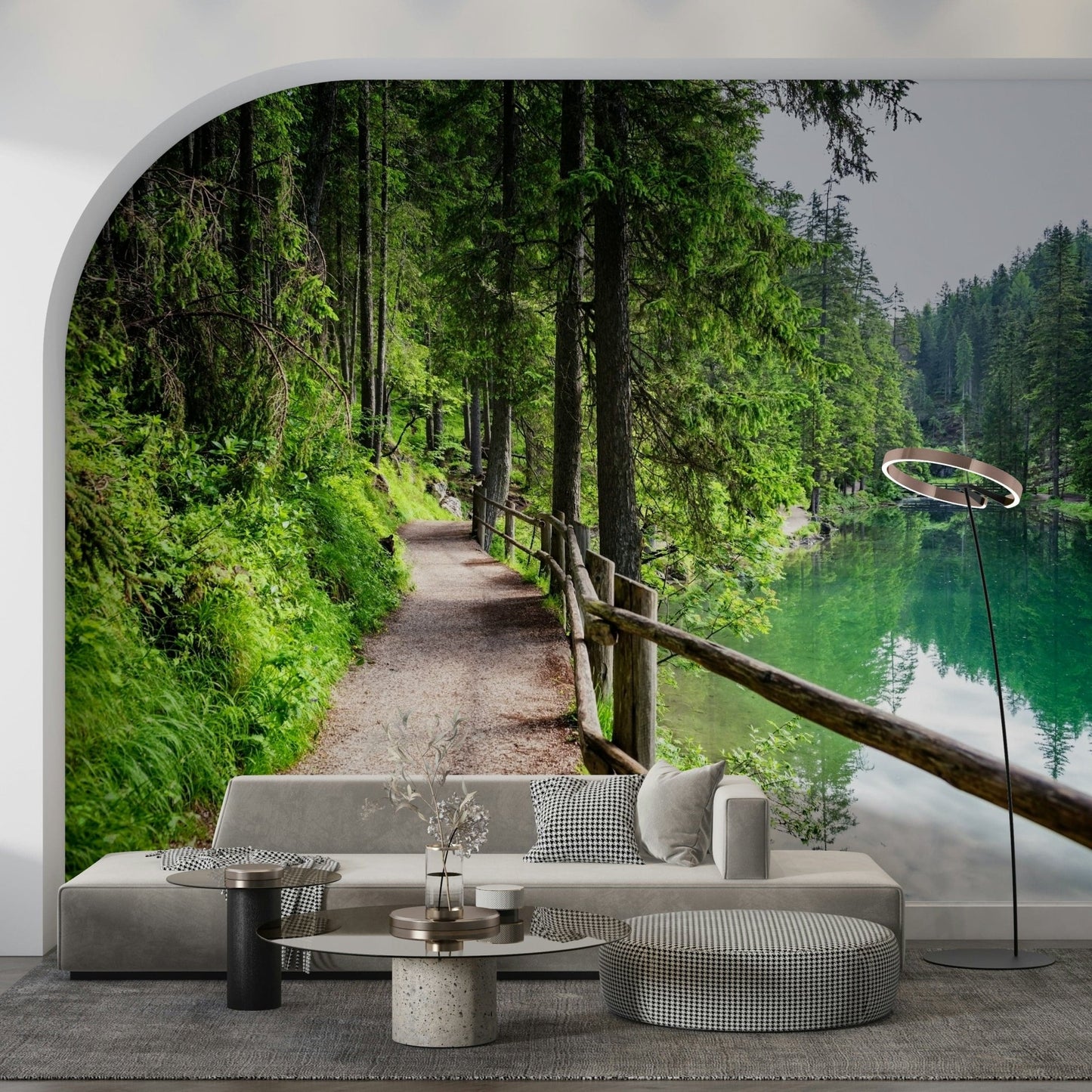 Majestic mountain wall mural with a vibrant blue-green lake reflection.
