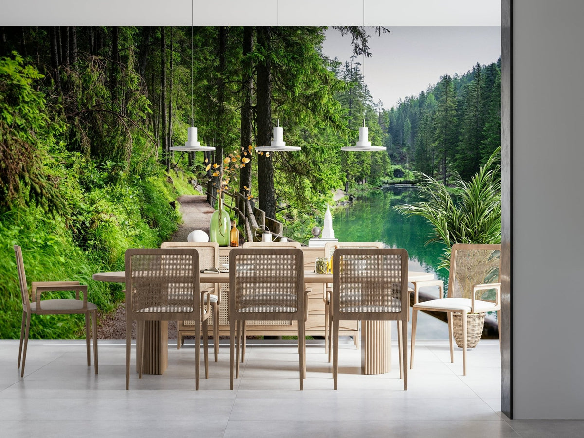 Emerald lake trail wall mural featuring turquoise water and pine trees., GD7629