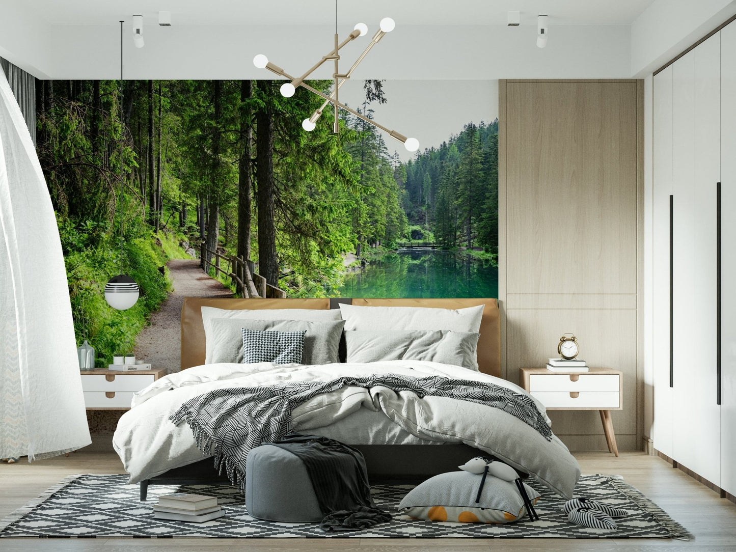 Ethereal emerald lake trail wallpaper with a calm and misty shoreline.