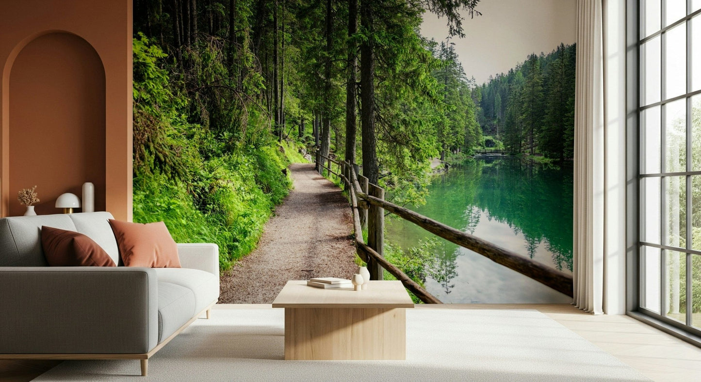 Nature inspired wallpaper featuring evergreen forests and snowy summits.