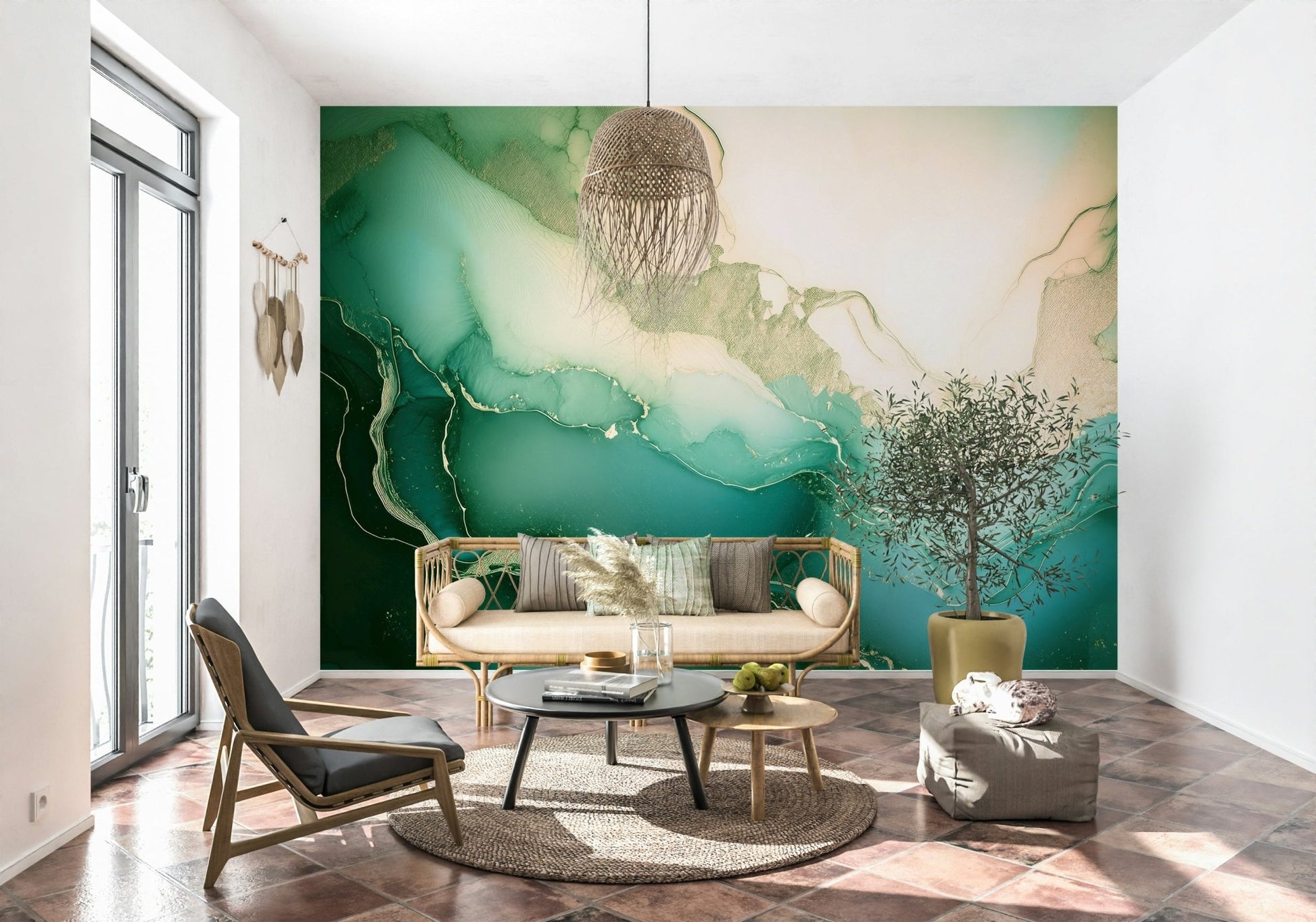 Sophisticated bedroom accent wall using the Emerald Marble Hues Wall Mural.