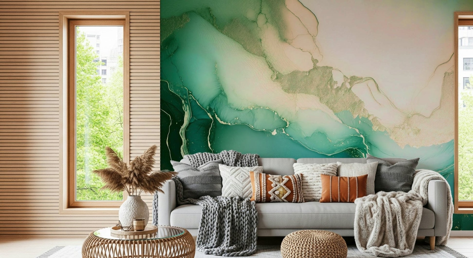 Designer entryway displaying the impressive Emerald Marble Hues Wall Mural.
