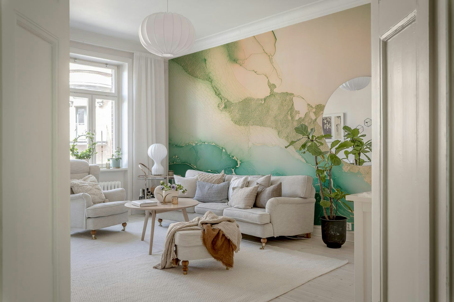 Home office decor using the artistic Emerald Marble Hues Wall Mural design.