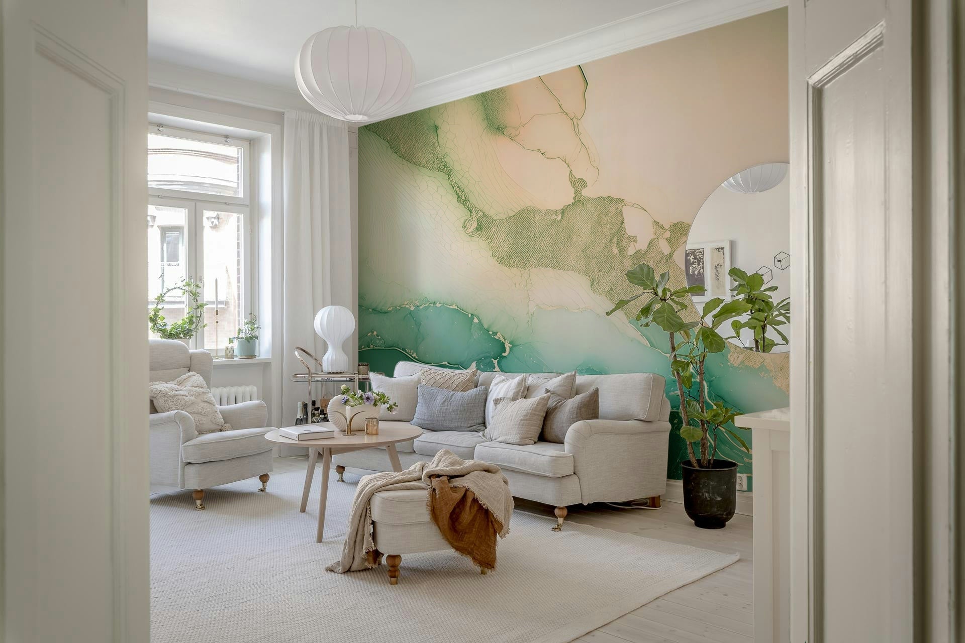 Home office decor using the artistic Emerald Marble Hues Wall Mural design.
