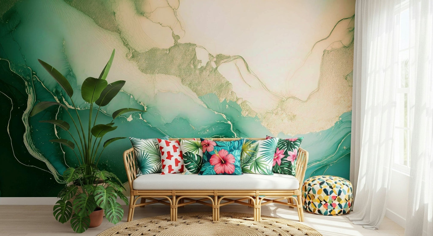 The vibrant feel of the emerald and teal Emerald Marble Hues Wall Mural.