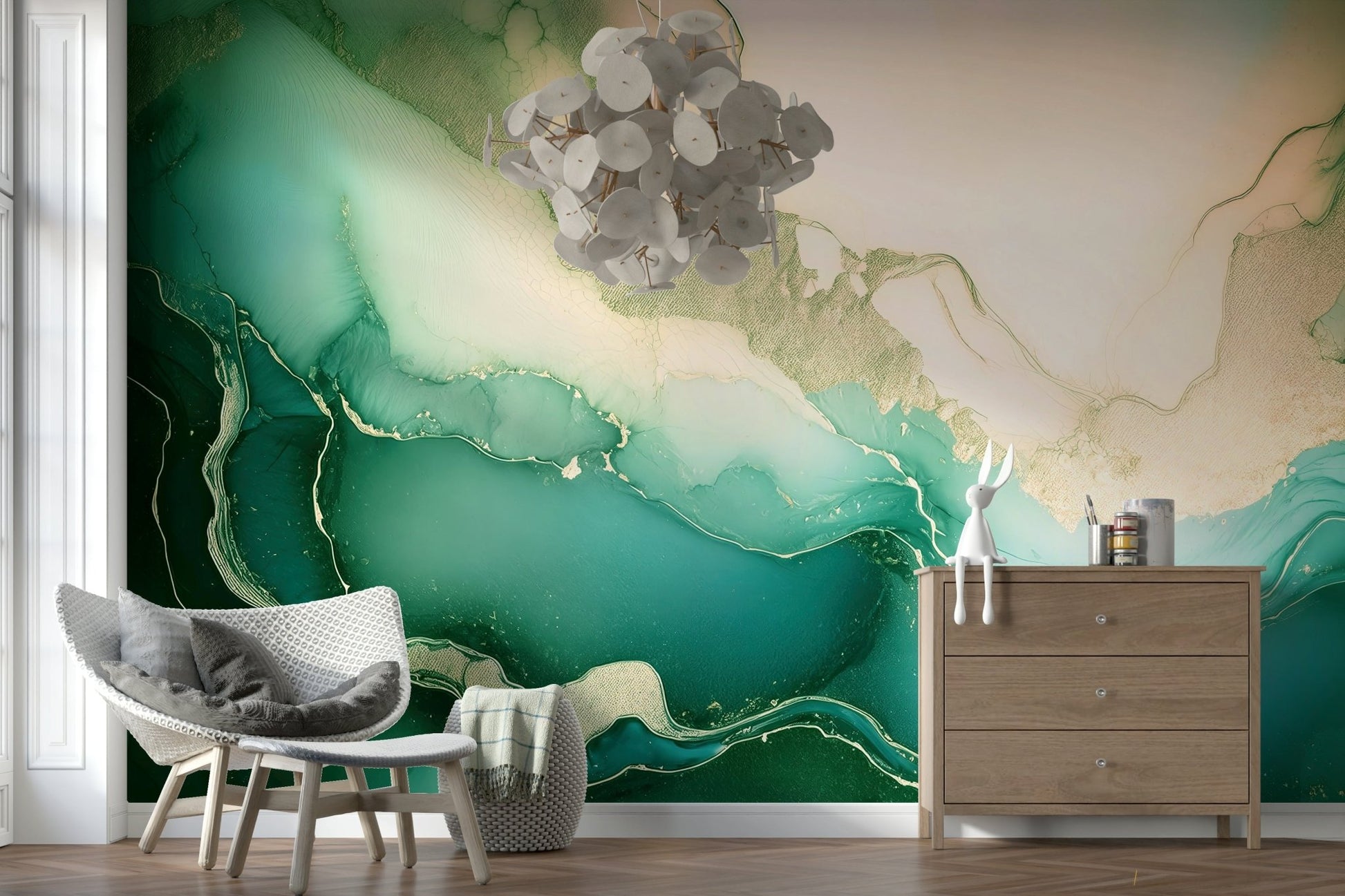 Subtle gold veining visible within the elegant Emerald Marble Hues Wall Mural.