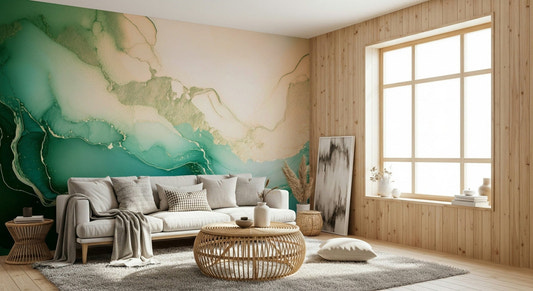 Designer living room featuring the rich Emerald Marble Hues Wall Mural.