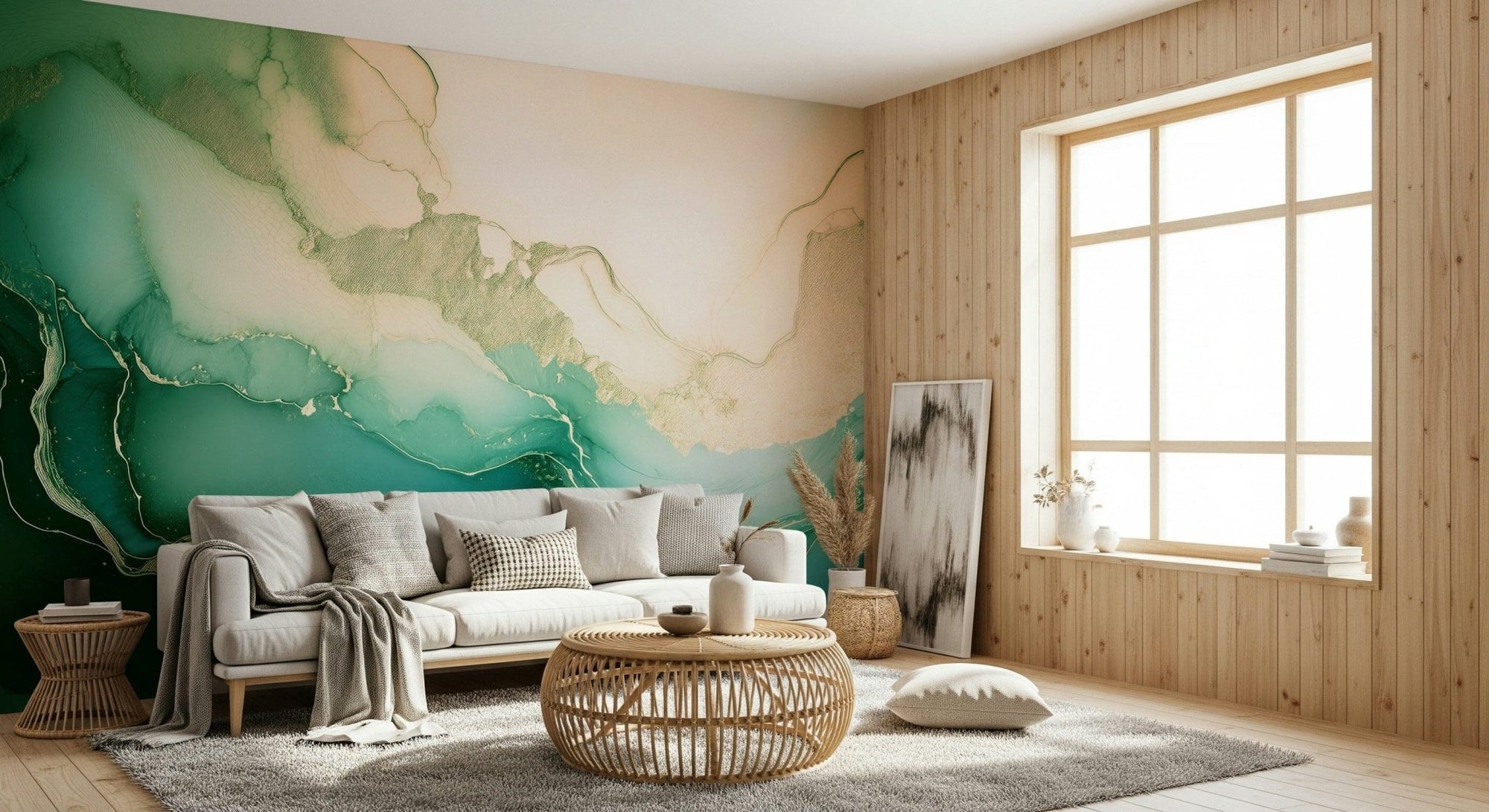 Designer living room featuring the rich Emerald Marble Hues Wall Mural., GD6313