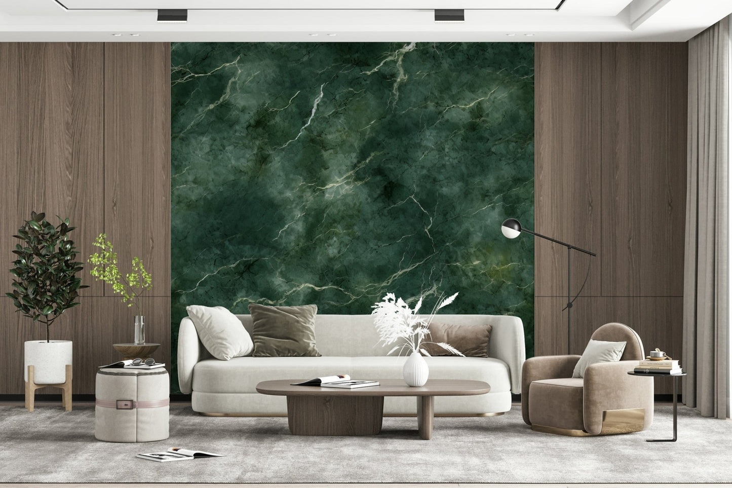 A peaceful modern abstract mural on decorative wallpaper.