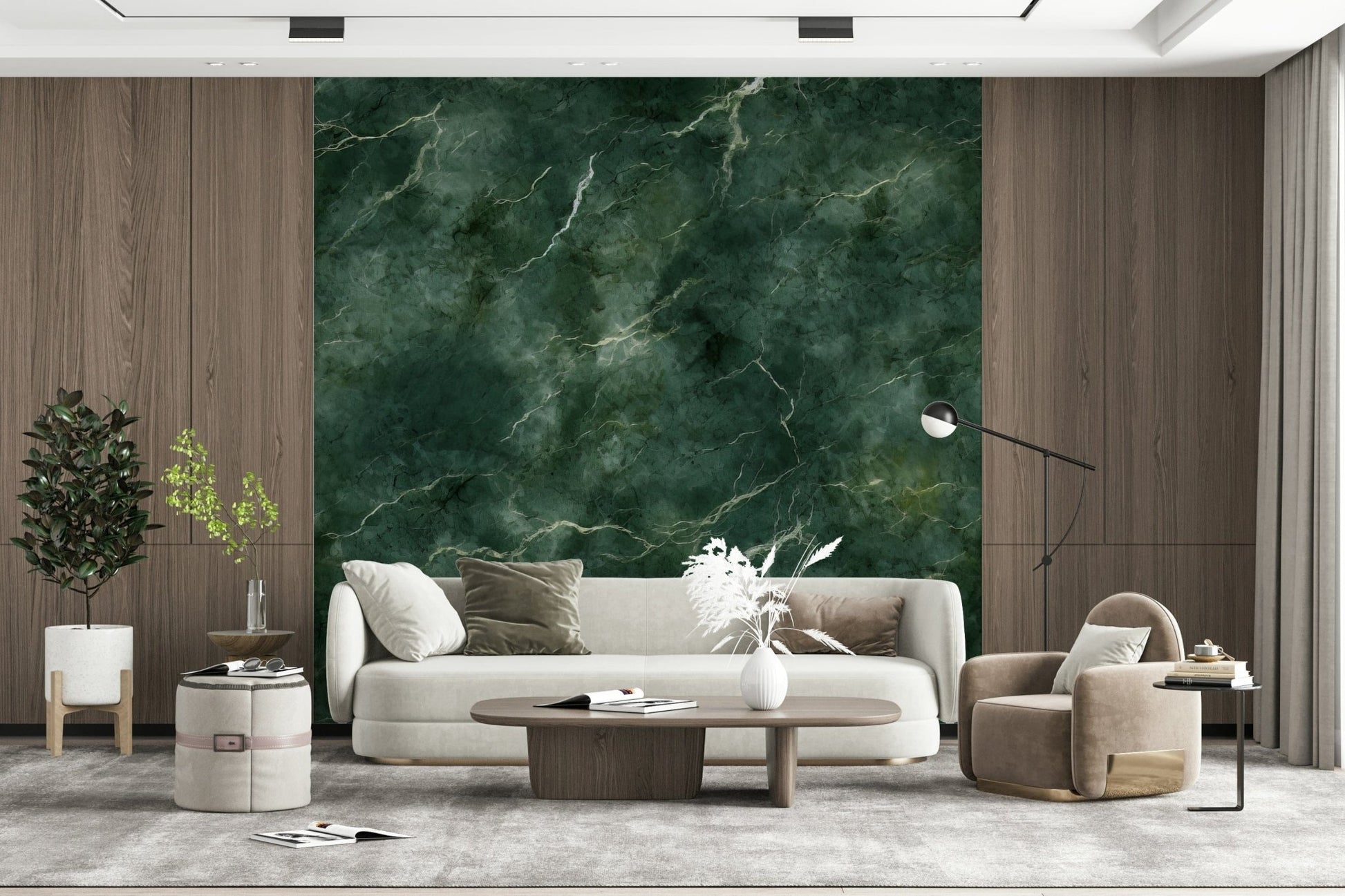 A peaceful modern abstract mural on decorative wallpaper.