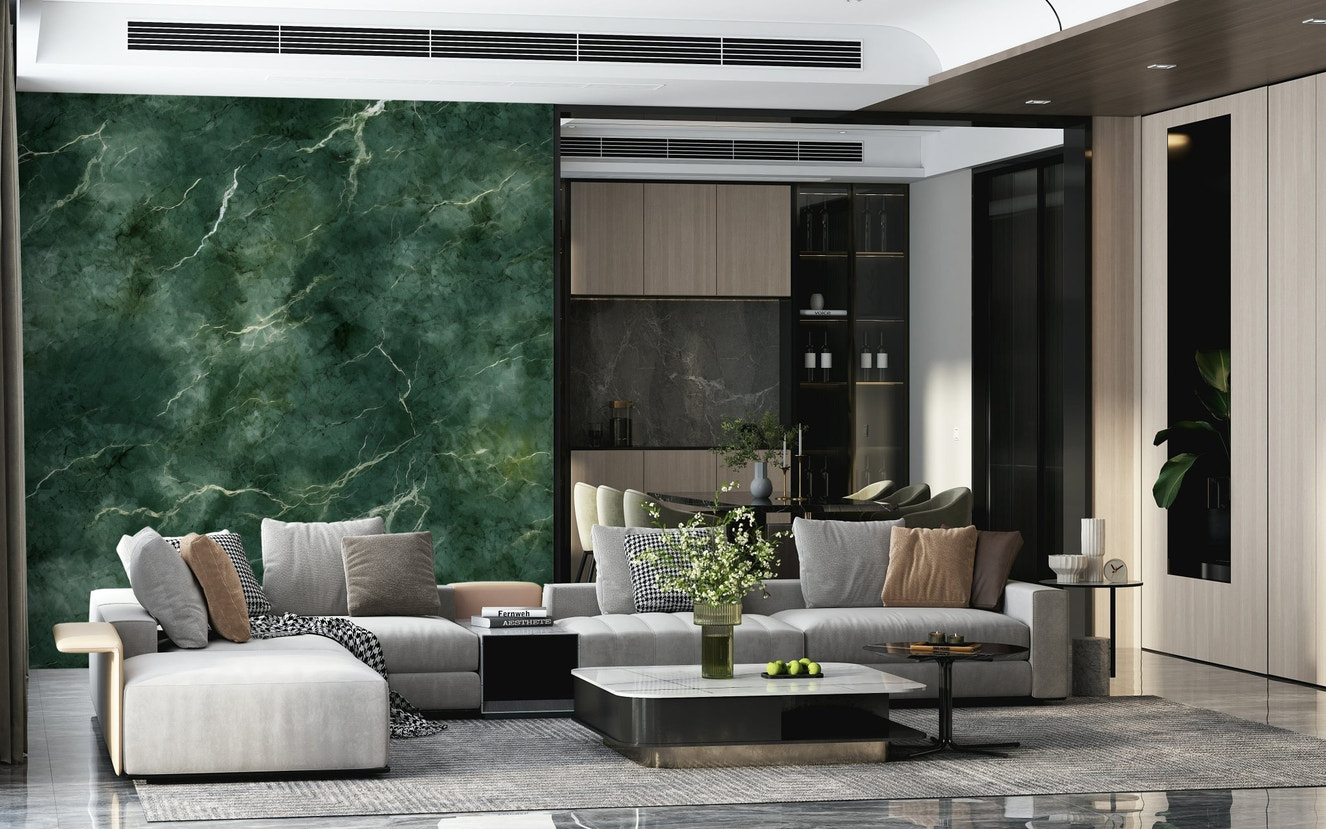 A beautiful subtle emerald marble wallpaper mural with fluid, swirling veins.
